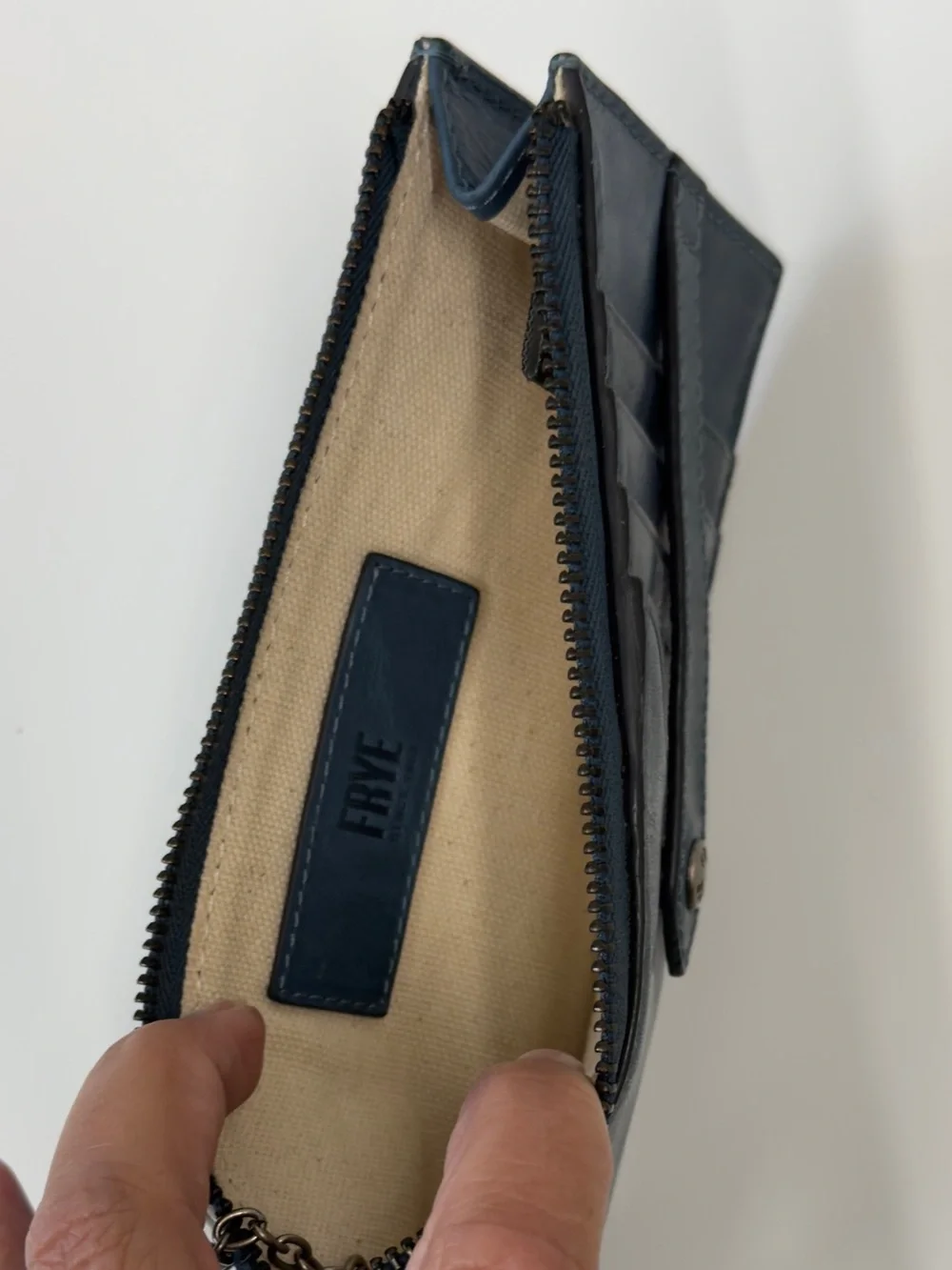 Frye Deep Blue Leather Zip Card Holder with Key Ring